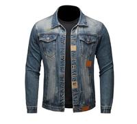 Giacca da uomo a mezza stagione, in denim blu svanito, con colletto a patta e bottoni con tasche multiple, toppe decorative, giacca da uomo primavera estate per abiti casual e tuta, blu, M