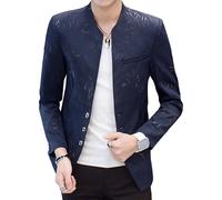 Giacca da uomo con colletto alla coreana rotonda per primavera e autunno, giacca slim fit, giacca sportiva con stampa vintage per uomo, Blu navy 2., L