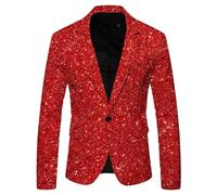 Giacca da uomo con paillette, tinta unita, con brillantini, elegante giacca da lavoro, con bottoni, giacca da lavoro sottile, con tasche, giacca da lavoro leggera, per il tempo libero, Colore: rosso