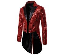 Giacca da uomo con paillettes smoking frack slim fit frack abito cappotto coda di rondine cena festa matrimonio blazer tuta giacca, Colore: rosso, S
