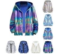 Giacca da uomo e donna, in argento metallizzato, per Carnevale, anni '80 '90, da discoteca, con cappuccio, chiusura lampo, con paillettes, vintage, giacca sportiva a vento, giacca a vento, Blu #1., XL