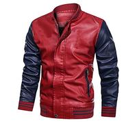 Giacca da uomo gilet casual in pelle PU Baseball Giacca Retro Multi-Tasche Bomber Giacca in Pelle Antivento Giacca Slim-Fit Overcoat Giacca lunga Plus Size Cappotto, rosso, XL