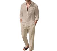 Giacca da uomo in lino termico casual a maniche lunghe con risvolto con pantaloni vestibilità rilassata abiti autunnali per allenamento attivo quotidiano traspirante confortevole leggero, cachi, L