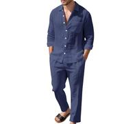 Giacca da uomo in lino termico casual a maniche lunghe con risvolto con pantaloni vestibilità rilassata abiti autunnali per allenamento attivo quotidiano traspirante confortevole leggero, Marina