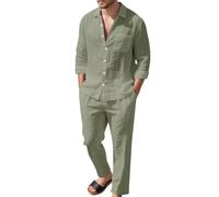 Giacca da uomo in lino termico casual a maniche lunghe con risvolto con pantaloni vestibilità rilassata abiti autunnali per allenamento attivo quotidiano traspirante confortevole leggero, Verde