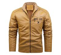 Giacca da uomo in pelle con colletto alla coreana in stile vintage, foderata in pile, leggera, con cerniera, Giallo 1, L