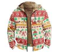Giacca da uomo in pile spesso e caldo, con cappuccio, con renna di Natale, fiocchi di neve e albero, capispalla foderato termicamente, felpe casual a maniche lunghe con cerniera, Rosso, L