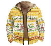 Giacca da uomo in pile spesso e caldo, con cappuccio, con renna di Natale, fiocchi di neve e albero, felpe casual a maniche lunghe con cerniera, abbigliamento esterno foderato termicamente, Giallo, L