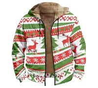 Giacca da uomo in pile spesso e caldo, con cappuccio, con renna di Natale, fiocchi di neve e albero, felpe casual a maniche lunghe con cerniera, abbigliamento esterno foderato termicamente, Verde, L