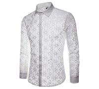 Giacca da uomo in pizzo, a maniche lunghe, in rete, per feste, clubwear, trasparente, per il tempo libero, da uomo, in pizzo, bianco, XL