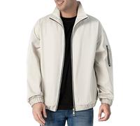 Giacca da uomo, leggera, a vento, con colletto alto, alla moda, vestibilità normale, chiusura lampo, con tasche laterali, per il tempo libero, giacca da aviatore, tinta unita, cachi, XL