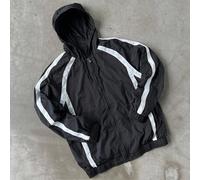 Giacca da uomo nera intrecciata da esterno con stampa grafica a strisce bianche, con cappuccio con chiusura lampo completa, stile atletico a maniche lunghe, un ottimo regalo per il tuo ragazzo, per il