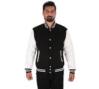 Giacca da uomo Varsity Genuine Leather Sleeve and Wool Blend Letterman Boys College Jackets, Black Wool/White Leather, S