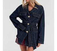 Giacca di jeans blu con bottoni in metallo, elegante e casual per l'autunno, l'inverno, il Natale e il Capodanno, adatta per il Ringraziamento, la chiesa e altre occasioni. Giacca di jeans con cintura