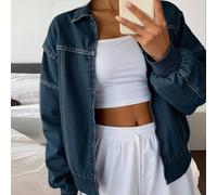 Giacca di jeans casual con spalle scese e vestibilità ampia, maniche lunghe, stile Y2K, adatta per primavera e autunno, abbigliamento back to school L,M,S,XLDenim