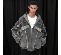 Giacca di jeans con chiusura lampo, stile casual, patchwork, orli sfilacciati, stile di strada, strappata, oversize, stile grunge, regalo perfetto per il fidanzato e il marito, stile Y2K cyberpunk, st