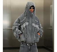 Giacca di jeans con chiusura lampo, stile casual, patchwork, orli sfilacciati, stile di strada, strappata, oversize, stile grunge, regalo perfetto per il fidanzato e il marito, stile Y2K cyberpunk, st