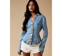 Giacca di jeans con dettagli in conchiglia, bottoni dorati a forma di stella marina, vita rifinita, maniche lunghe, casual, moda primavera estate, indumento da spiaggia L,M,S,XL,XSColore unicoDenim