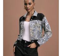 Giacca di jeans con patchwork da donna Glamance, giacca casual con stampa floreale e colore unito, adatta per ufficio, lavoro, casual, viaggio, aeroporto, strada, lavoro dignitoso, autunno/inverno SHE