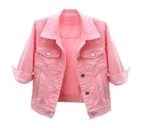 Giacca di Jeans Corta Colorata da Donna con Maniche a 3/4 Lavaggio con Risvolto Giacca Corta in Jeans Cappotto Classico Retrò Dalla Vestibilità Ampia Moda Estiva Giacca di Transizione Puro Colore(Pink