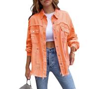 Giacca di Jeans da Donna Casual Giacca Strappata in Denim Button Down Boyfriend Jeans Jacket Giubbino Jeans Donna (Arancione, L)