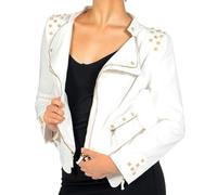 Giacca di jeans da donna con borchie, slim, punk, rivetti, coda di rondine, stile biker, bianca, taglia XXS