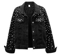 Giacca di jeans da donna con perle, corta, con strass ricamati, perline, cappotto casual, primavera-autunno