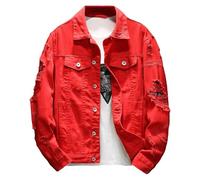 Giacca di jeans da uomo in cotone invecchiato tinta unita moda autunno strappato foro jeans cappotti vintage cowboy streetwear Plus Size, Rosso, L