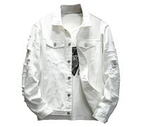 Giacca di jeans da uomo in cotone invecchiato tinta unita moda autunno strappato foro jeans cappotti vintage cowboy streetwear Plus Size, bianco, 3XL