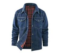 Giacca di jeans da uomo, pratica giacca da montagna, fodera a scacchi, giacca da lavoro in denim, resistente, comoda e potente, per il tempo libero, vintage, urbano, casual, da uomo, Blu, XXL