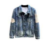 Giacca di jeans da uomo strappata impiombata blu lavato patchwork hip hop streetwear cappotto, Blu, S