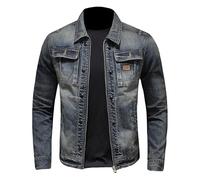 Giacca di jeans da uomo vintage lavata con cerniera e risvolto Trucker Jean cappotto con tasca sul petto Streetwear Style Loose Jean cappotti, Blu, 3XL