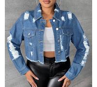 Giacca di jeans denim a manica lunga monopetto con bordi sfrangiati, taglie forti per donne 0XL,1XL,2XL,3XL,4XLColore unicoDenim