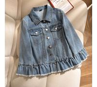 Giacca di jeans in cotone fine morbido lavato per ragazze pre-adolescenti, estiva, versatile, ampia, alla moda, comoda e personalizzata, con design in pizzo sull'orlo e polsini svasati. Colore denim b