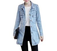Giacca di jeans monopetto classica da donna, vintage, alla moda, casual, primavera/autunno, retro, lunga, blu chiaro, taglia 3XL