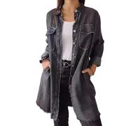 Giacca di jeans oversize da donna, camicia di jeans a maniche lunghe, top casual autunnali, grigio scuro, taglia 3XL