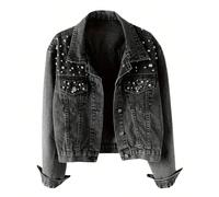 Giacca di jeans oversize da donna, in denim tinta unita, con tasche, effetto consumato, con borchie e perle, casual, nera, per la primavera 0XL,1XL,2XL,3XLColore unicoDenim