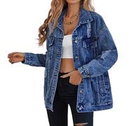 Giacca di jeans oversize per le donne giacca di jeans strappata boyfriend manica lunga Trucker Coat, Blu scuro, Large