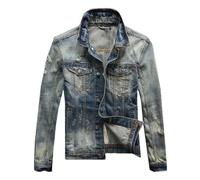 Giacca di jeans strappata da uomo in denim lavato patchwork hip hop streetwear vintage capispalla, Blu, XL