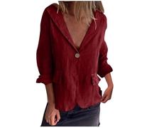 Giacca di lino di cotone per le donne Estate Casual Office Work Blazer Capispalla Camicie Maniche Lunghe Button-Down Giacche con scollo a V Top Giacche con risvolto dentellato Oggi 2025, vino, L