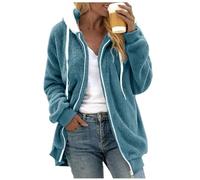 Giacca di peluche da donna Teddy Outdoor - Giacca invernale con cappuccio giacca in pile a maniche lunghe in pelliccia sintetica con cappuccio, giacca spessa, tinta unita, elegante Y2K, blu 2, XL