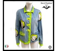 giacca donna denim comoda casual pop art jeans chiaro patchwork marilyn monroe