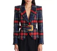 Giacca Donna Elegante Tweed Quadri Cintura Oro Sartoriale CF66786