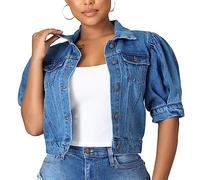 Giacca Donna, Giacca di Jeans A Maniche Corte A Sbuffo da Donna Giacca di Jeans alla Moda con Risvolto Abbottonato Lavaggio Invecchiato Vintage Faded Summer Jean Shrug Jacket Top per Ragazze da Donn