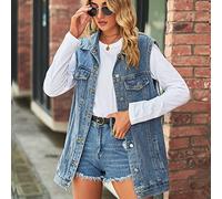 Giacca Donna, Gilet di Jeans da Donna Giacca Blu Lavaggio Sbiadito Senza Maniche Cappotto da Motociclista Jean con Bottoni Tasche con Patta Invecchiate Larghe Vintage Gilet di Jeans Giubbotto di tra