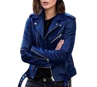 Giacca Ecopelle Donna Corta Giubbino Biker Similpelle - Faux Leather Jacket Bikers Finta Pelle Curvy Primavera Blu XL