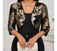 Giacca elegante da donna con texture metallica sottile per cena di lavoro, madre della sposa, ufficio, matrimonio, nero e oro, autunno L,M,S,XL,XS,XXL,XXS,XXXL,XXXXLPianteTessuto intrecciato
