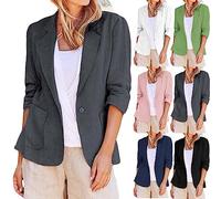 Giacca estiva da donna in cotone e lino | Blazer monocromatico con revers, maniche a 3/4 arricciate elasticizzate e tasche | Blazer a 3/4 con un bottone, aderente, per il lavoro | Blazer business
