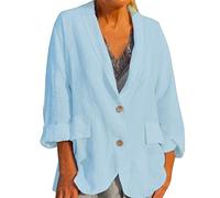 Giacca estiva da donna, leggera, lunga, in lino, da donna, taglie grandi, elegante, colore nero e bianco, blazer aperto, con tasca e bottoni, giacca trapuntata, lunga, Celeste., XL