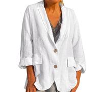 Giacca estiva da donna, leggera, lunga, in lino, da donna, taglie grandi, elegante, colore nero e bianco, blazer aperto, con tasca e bottoni, giacca trapuntata, lunga, bianco, L